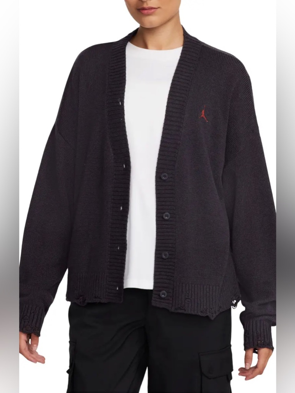 Jordan Womens Black Distressed Cardigan Sweater - Picture 2 of 8